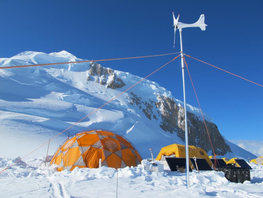 A solar and wind power system in use for Eclipse drilling in Denali National Park during the 2013 field season