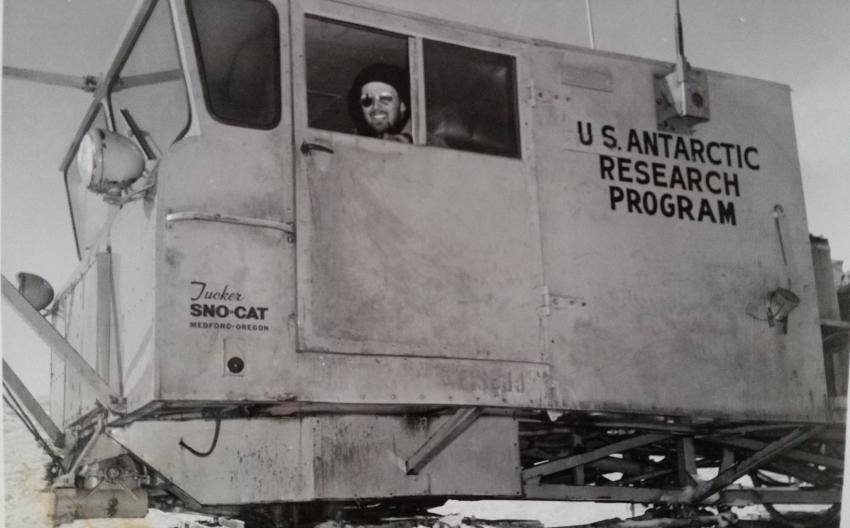 Charles Bentley in a Sno-Cat vehicle in Antarctica in December 1964