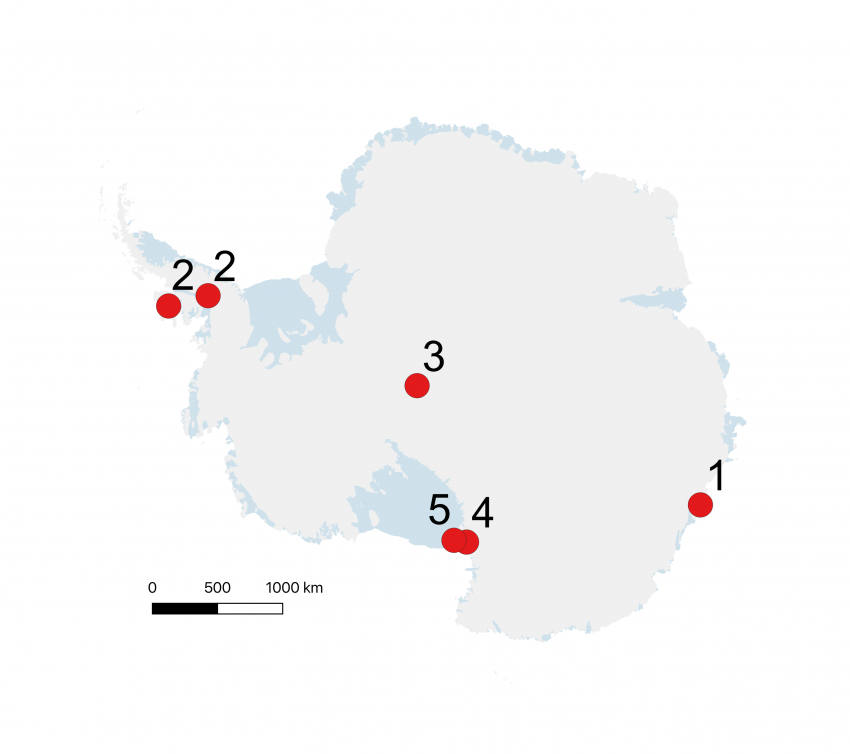 Map of Antarctica showing 2018-2019 Antarctic field season locations