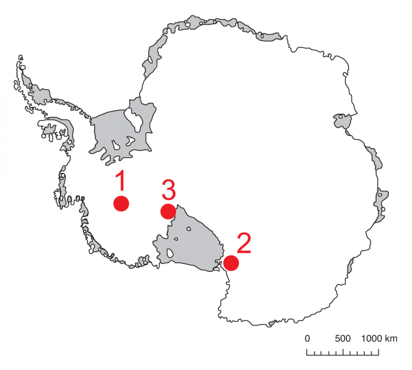 Map of Antarctica showing 2011-2012 field season drilling locations