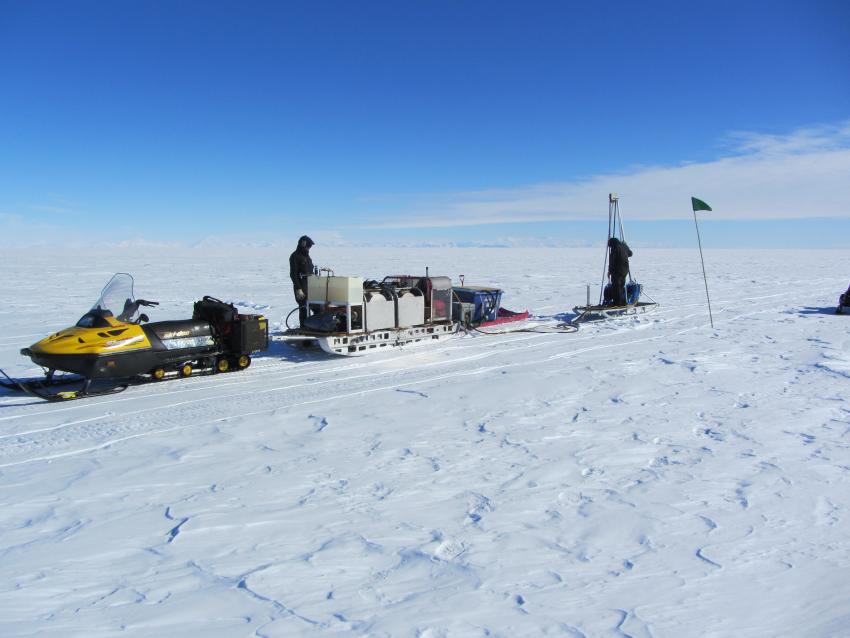 Paul Winberry and his field team using the portable hot water drill on Whillans Ice Stream