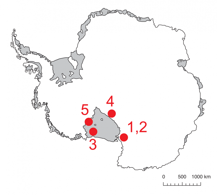 Map of Antarctica showing 2013-2014 field season locations