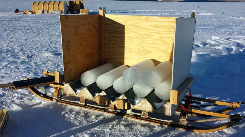 View of the sled used to transport the large-diameter ice cores