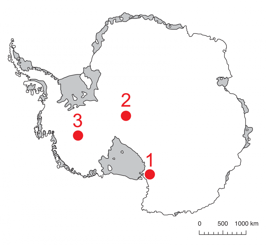 Map of Antarctica showing IDDO 2014-2015 field season locations