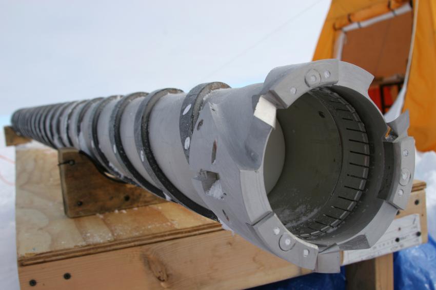 The inner barrel of the 4-Inch Drill lays on a table at WAIS Divide, Antarctica