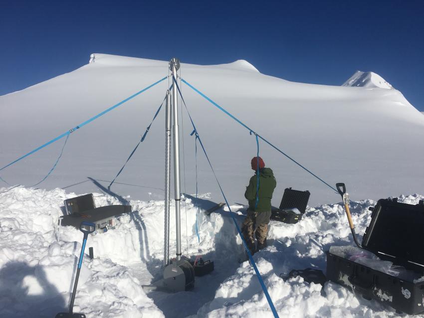 Researchers use the Stampfli Drill to collect a 50-meter long core from the summit plateau of Mount Hunter, Alaska