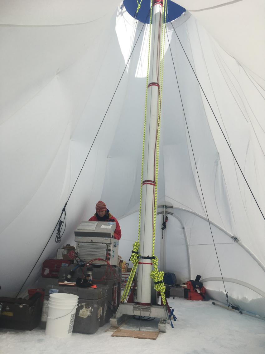 Driller Elizabeth Morton operates the Foro 400 Drill at Allan Hills, Antarctica, during the 2019/20 field season