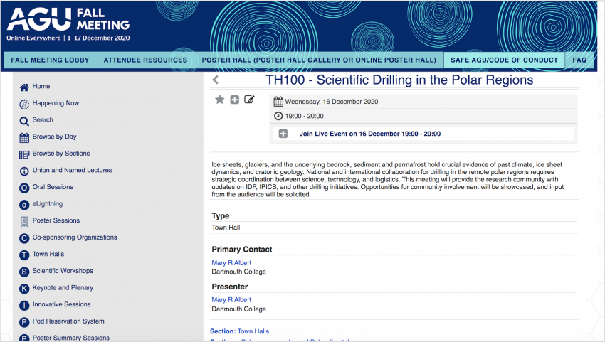 Screenshot of the AGU page advertising the town hall meeting