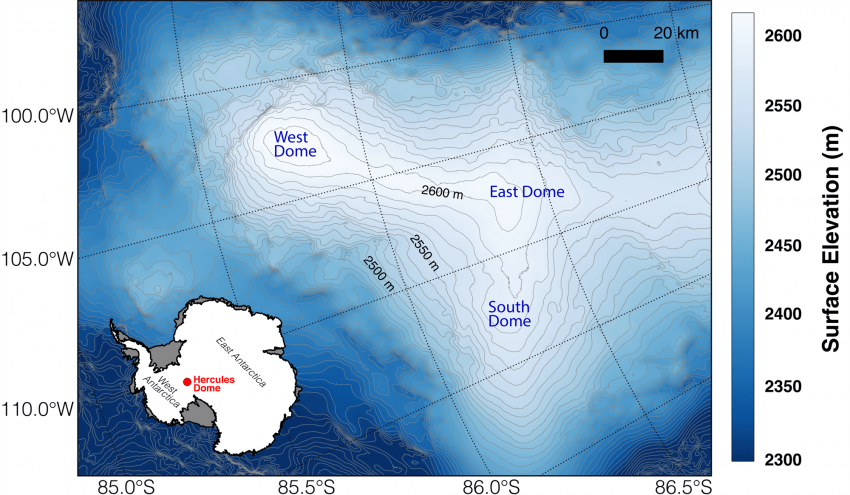 Topographic map of Hercules Dome showing the location in Antarctica. Map by Ben Hills, University of Washington
