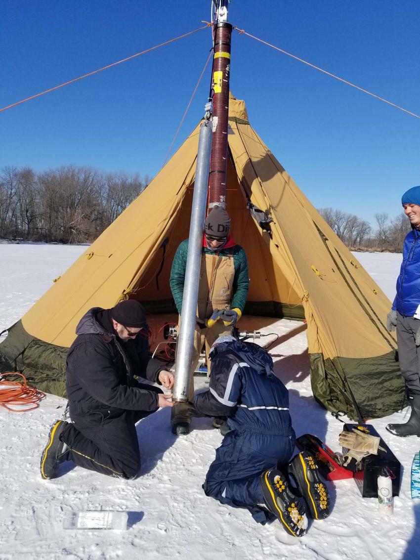 Jim Koehler, Grant Boeckmann, Jay Johnson, and Elliot Moravec testing the Thermal Drill on Lake Waubesa in Madison, WI