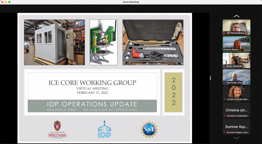 Screenshot of Krissy Slawny discussing updates on IDP Wisconsin operations (drill maintenance and upgrades, drill development, and fieldwork) during the February 17, 2022, Ice Core Working Group meeting.