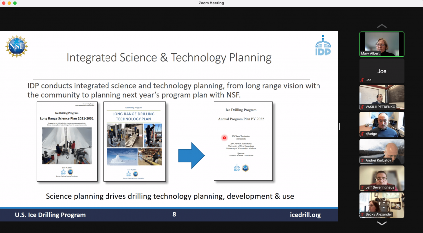 Screenshot of Mary Albert discussing IDP science and technology planning during the February 17, 2022, Ice Core Working Group meeting.