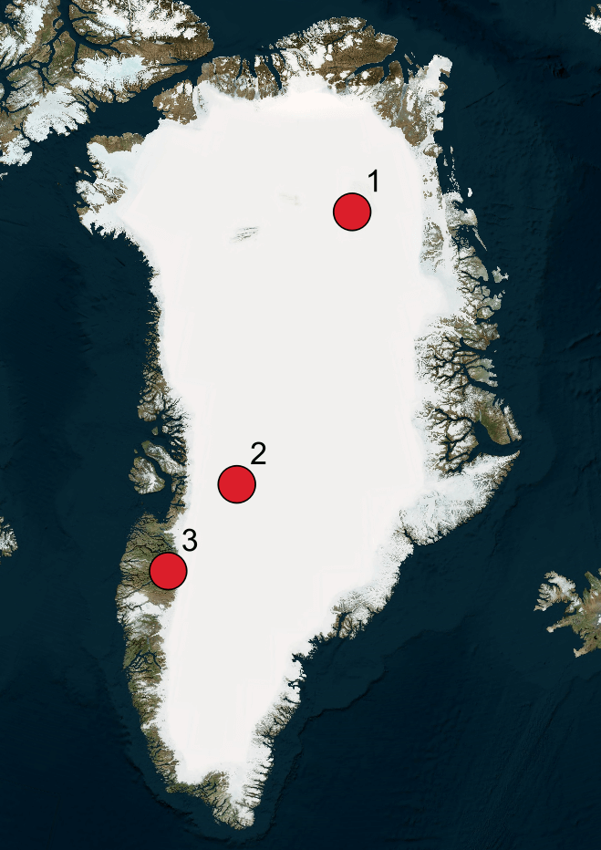 Map of Greenland showing the locations of current and upcoming IDP-supported fieldwork. The numbers shown on the maps correspond to the project numbers in the text.