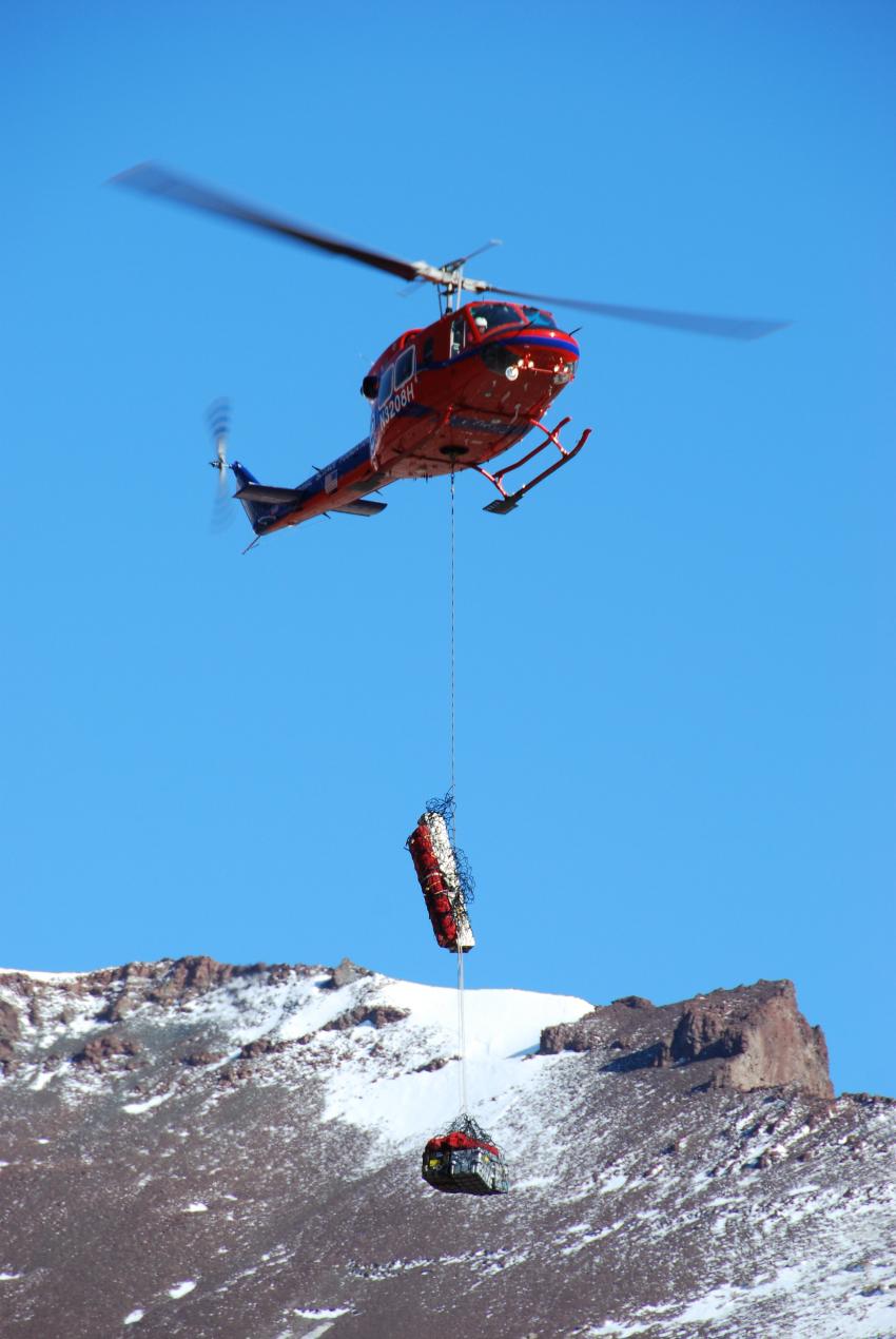 The Koci Drill being helicopter slung into Mullins Valley, Antarctica, during the 2008-2009 field season