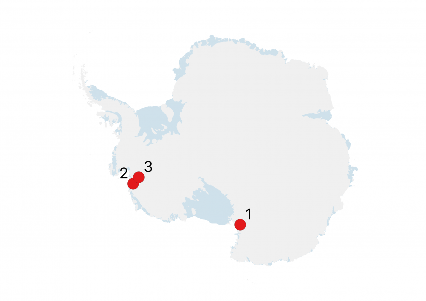 Map of Antarctica showing 2022-2023 Antarctic field season locations. The numbers shown on the maps correspond to the project numbers in the text.