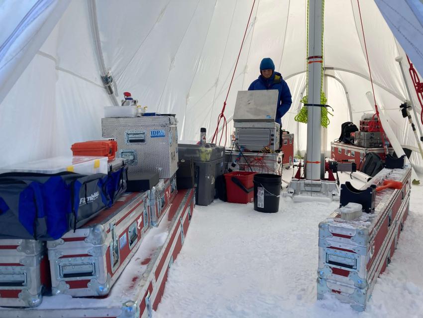 The inside of the drill tent showing IDP engineer Elliot Moravec operating the Foro 400 Drill. Credit: Tanner Kuhl.