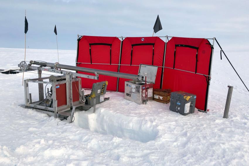 Badger-Eclipse Drill set up for access hole drilling to bedrock at Winkie Nunatak in the Hudson Mountains of Antarctica for the C-443 GHC project (PI Ryan Venturelli). Credit: Elliot Moravec