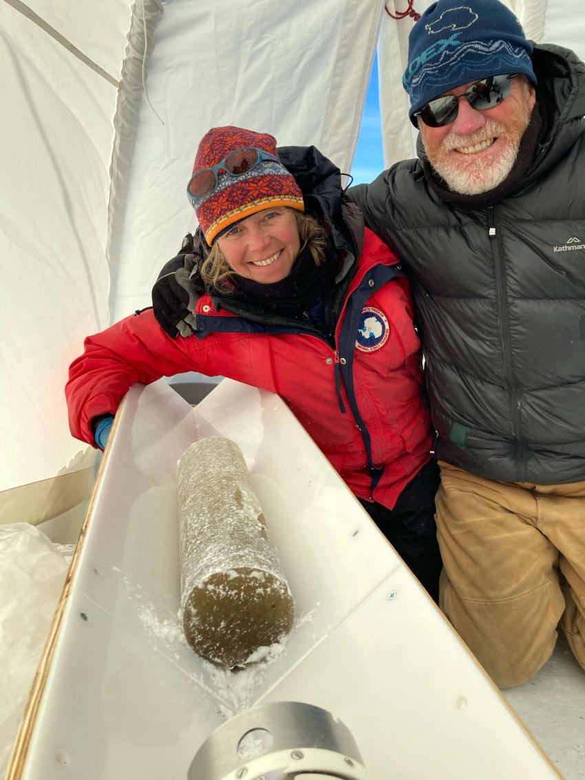 Drillers Elizabeth Morton and Mike Jayred with the final Foro 400 core from 205.75 m depth at Allan Hills. Credit: Jacob Morgan