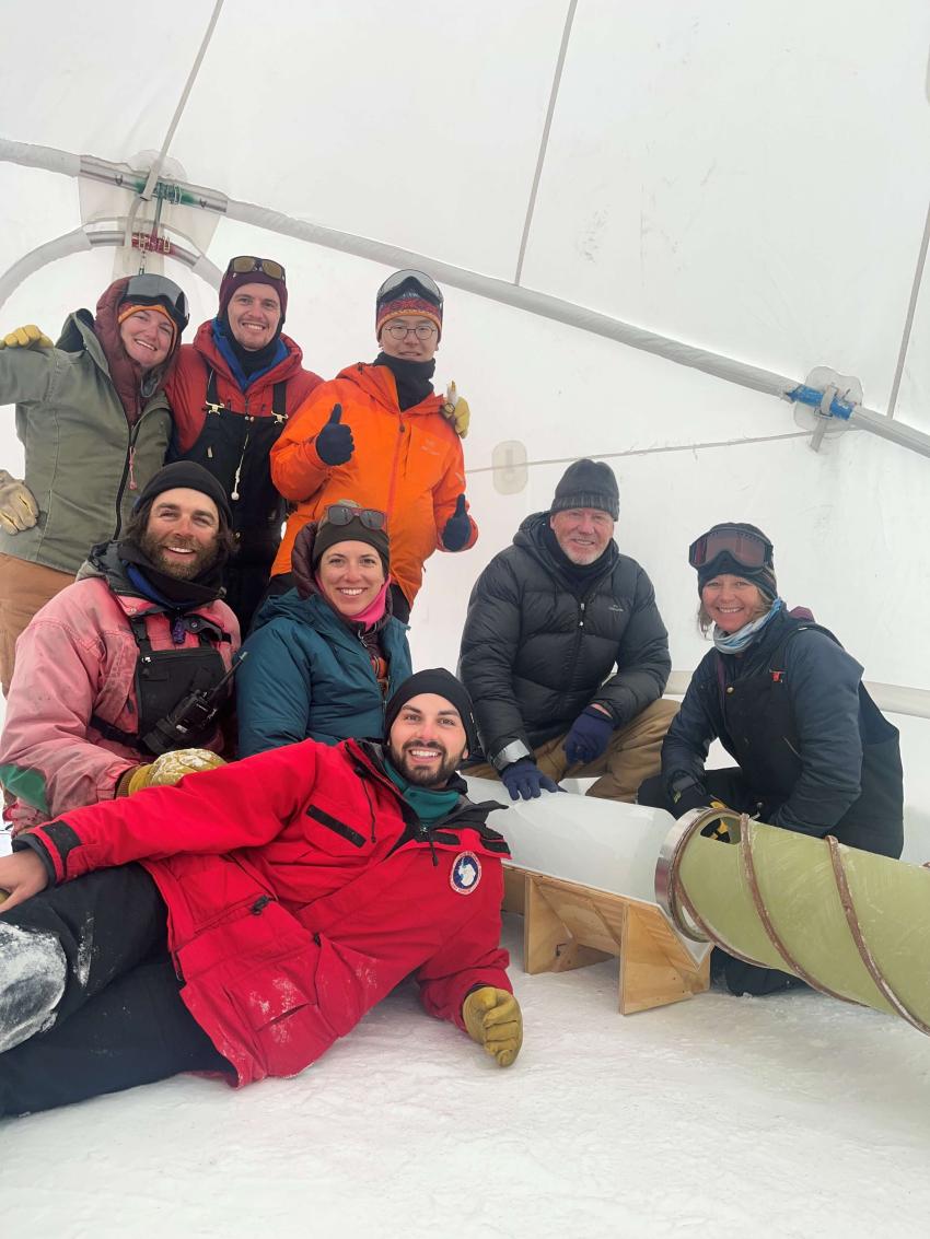 I-165-M (PI John Higgins) Allan Hills team photo with a core from the Blue Ice Drill. Credit: Austin Carter. 
