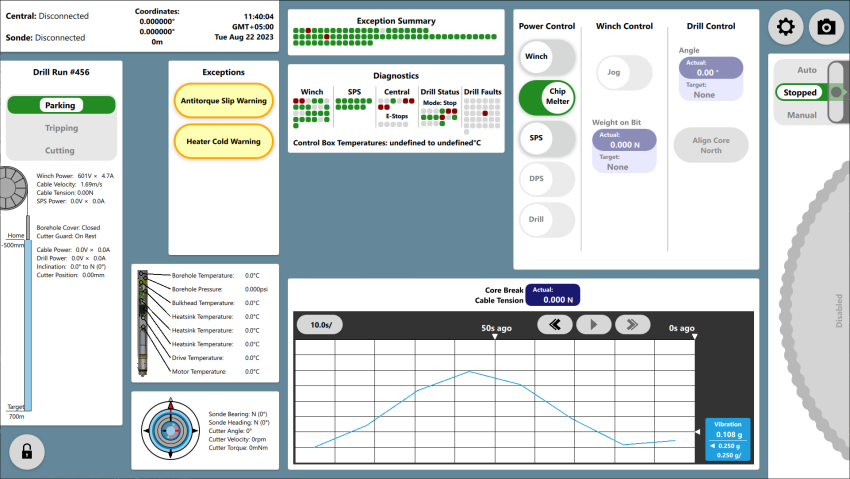 The graphical user interface (GUI) being developed for the 700 Drill console