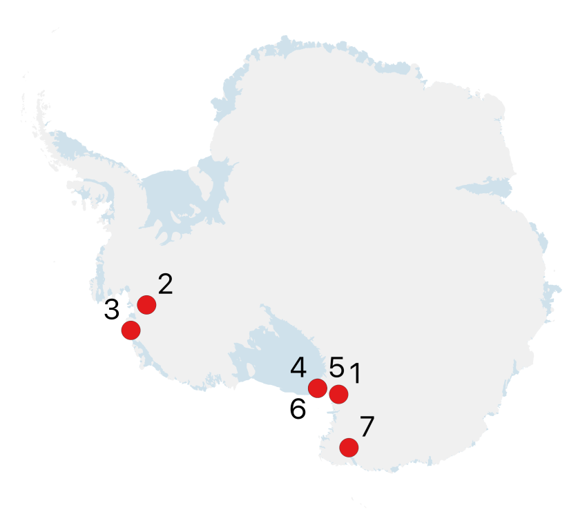 Map of Antarctica showing 2023-2024 Antarctic field season locations. The numbers shown on the maps correspond to the project numbers in the text.