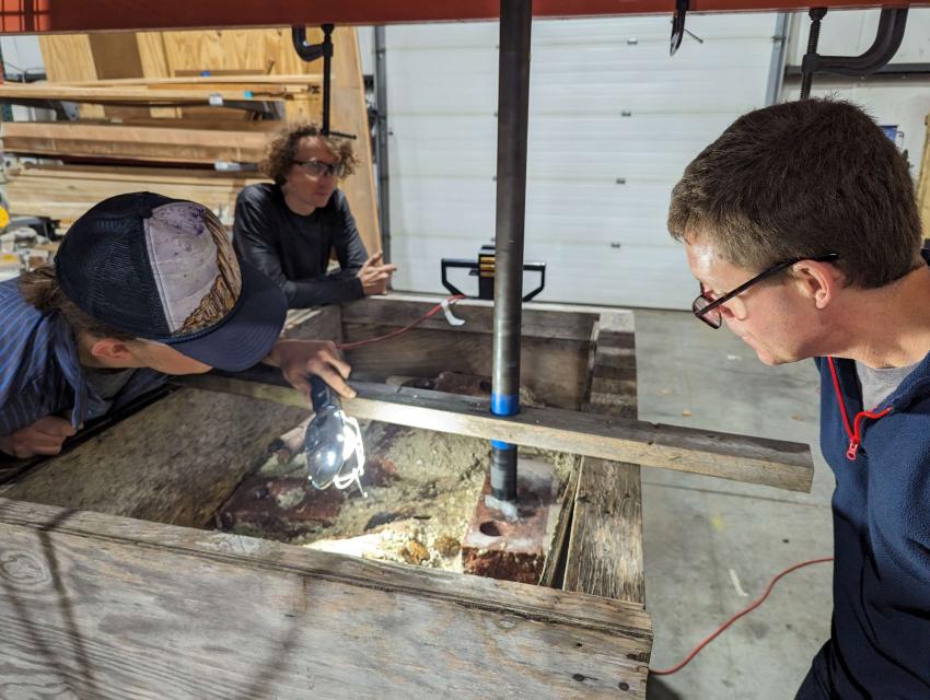 IDP Engineers test the new downhole components of the Winkie Drill. New core barrel components were ordered, received, and tested to improve clearances when drilling in clay and mixed media. Credit: Jess Ackerman.