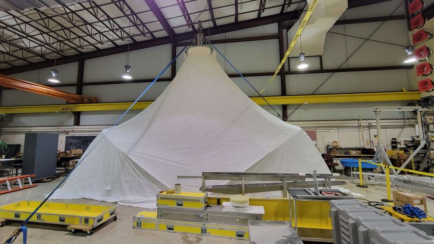 View of the 700 Drill's tent. The tent is set-up inside the Physical Sciences Lab at UW-Madison. Photo credit: Jay Johnson.