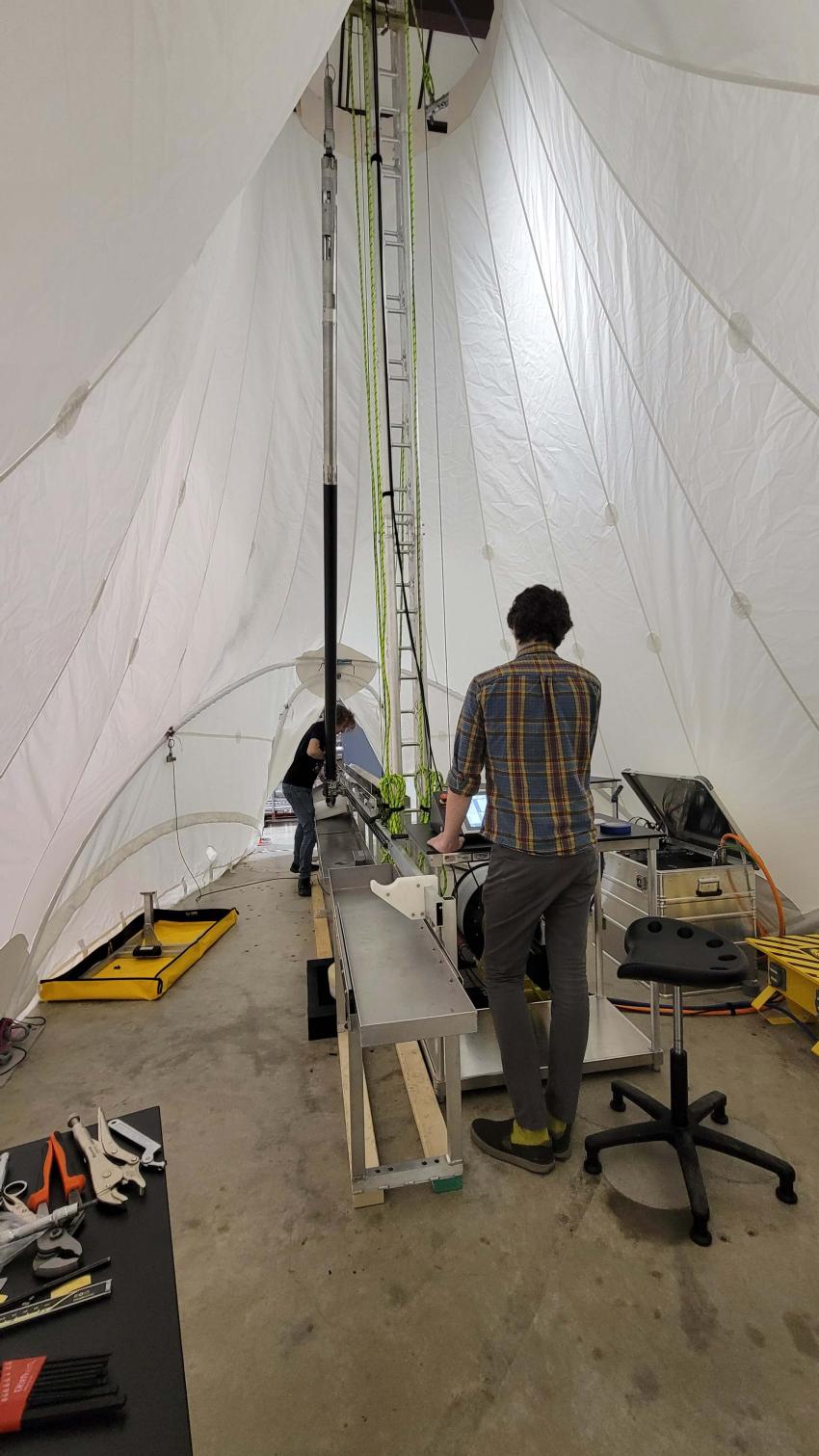 Interior view of the 700 Drill tent. The tent is set-up inside the Physical Sciences Lab at UW-Madison. Photo credit: Jay Johnson.