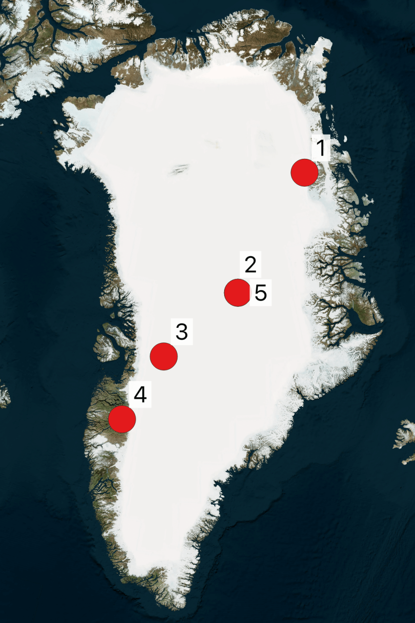 Map of Greenland showing the locations of IDP supported 2024 spring/summer fieldwork. The numbers shown on the maps correspond to the project numbers in the text.