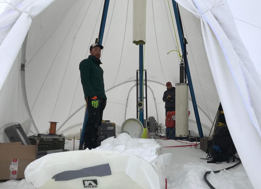 Interior view of the Blue Ice Drill MAST tent at Law Dome, Antarctica, during the 2018/19 field season. Credit: Peter Neff.